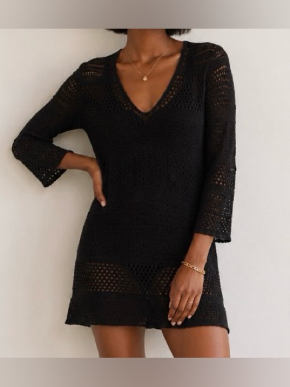 H&M Black Open Knit Acrylic Tunic Mini Dress Size Small